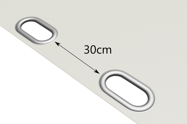 Ovale Ösen ca. alle 30cm (42x22mm)
